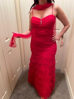 Belle of the Ball! Red Ruched Evening Gown with Scarf